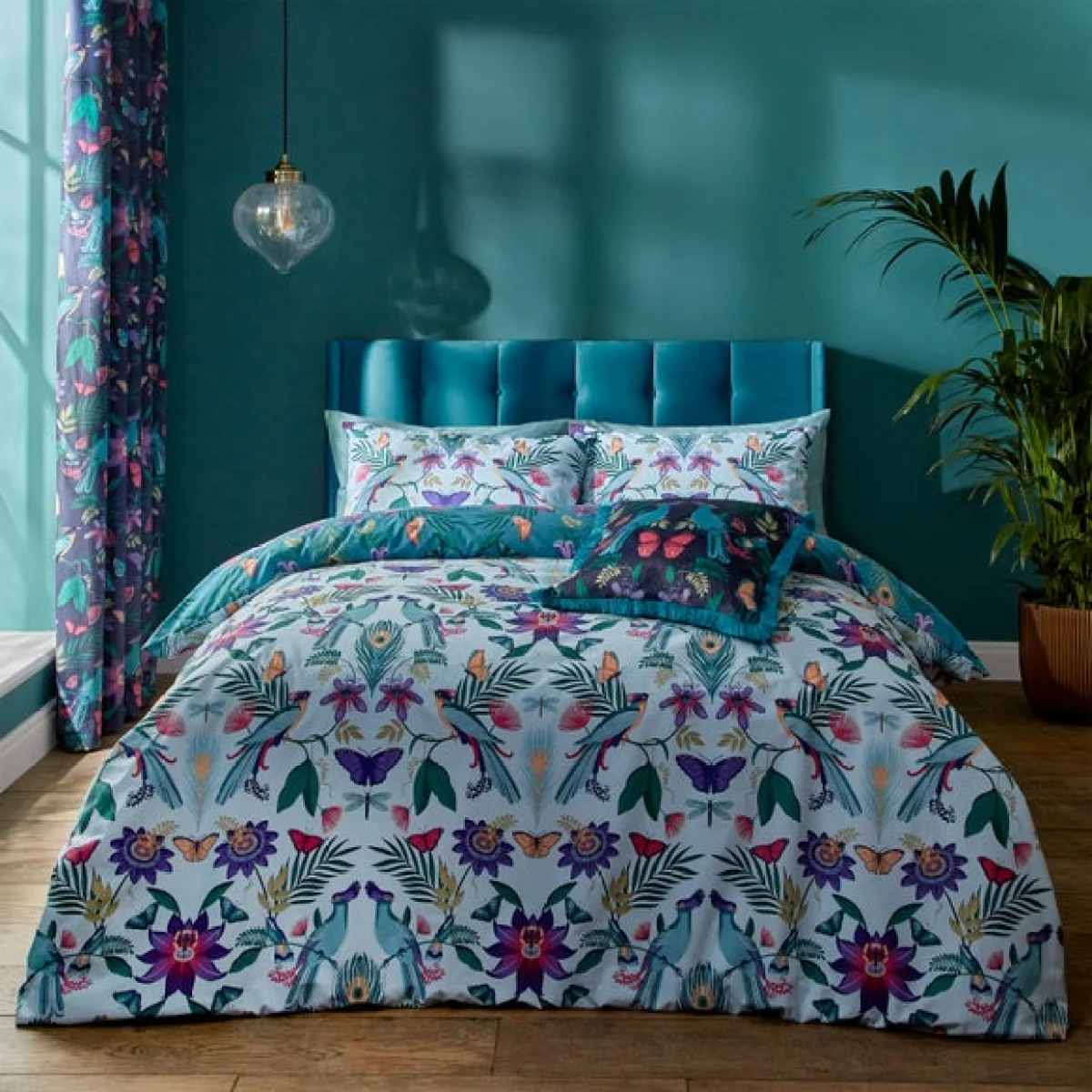 Catherine Lansfield Mya Tropical Floral Duck Egg Blue Duvet Cover and Pillowcase Set Duck Egg (Blue) – image 1