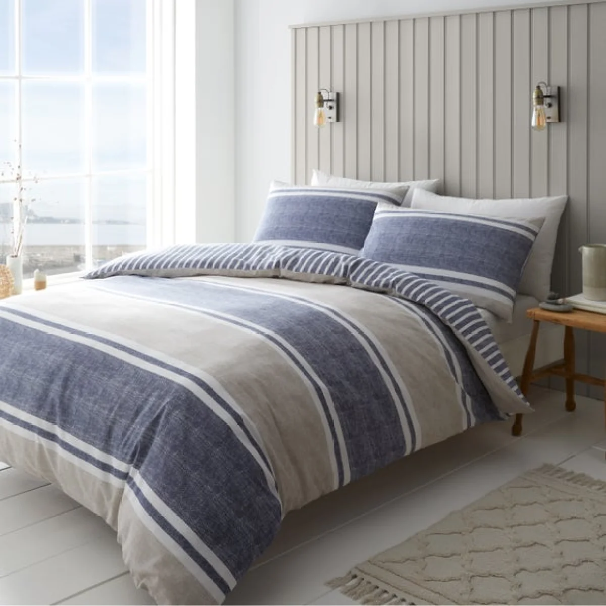 Catherine Lansfield Textured Banded Stripe Reversible Blue Duvet Cover & Pillowcase Set Blue – image 1