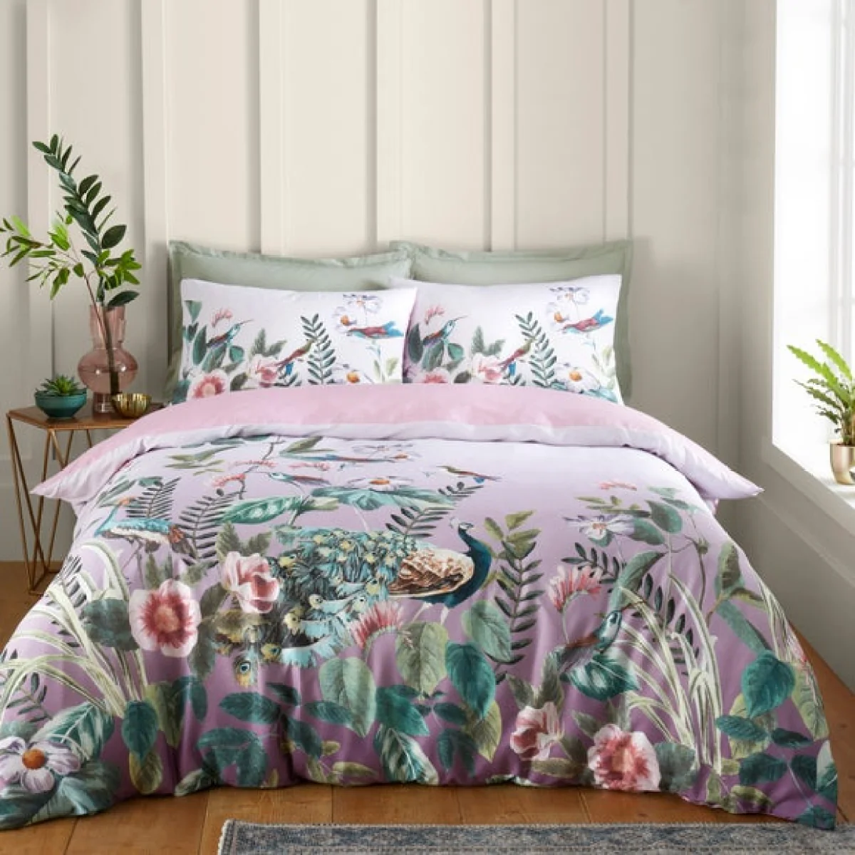 Peacock Gardenia Grey 100% Cotton Duvet Cover and Pillowcase Set Grey – image 2