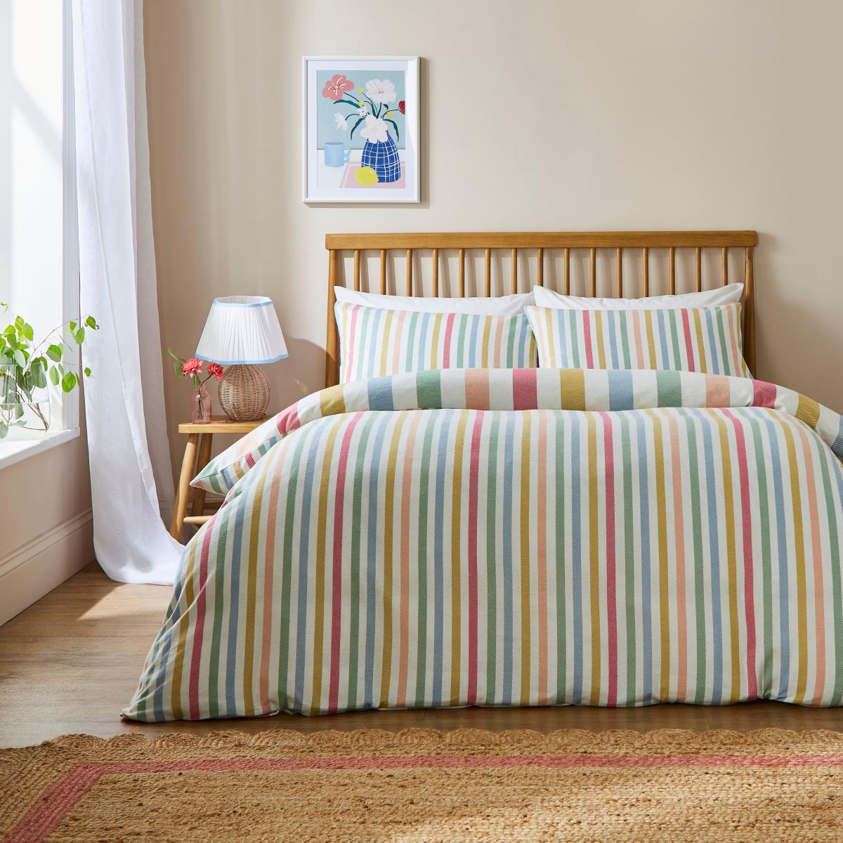 Rainbow Stripe Brushed Cotton Duvet Cover and Pillowcase Set MultiColoured – image 3