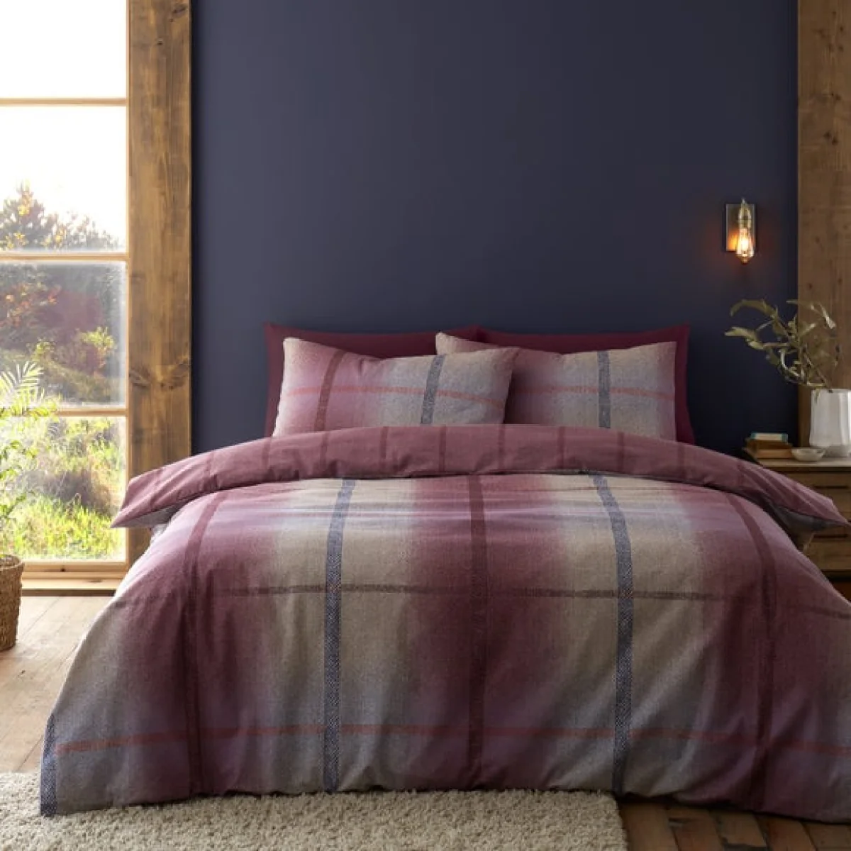 Catherine Lansfield Reversible Check 100% Brushed Cotton Duvet Cover & Pillowcase Set Natural – image 2