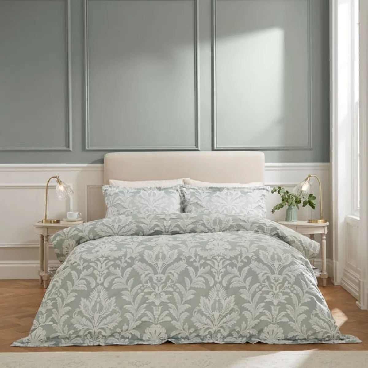 Dorma Florence Duvet Cover and Pillowcase Set Green/White – image 1