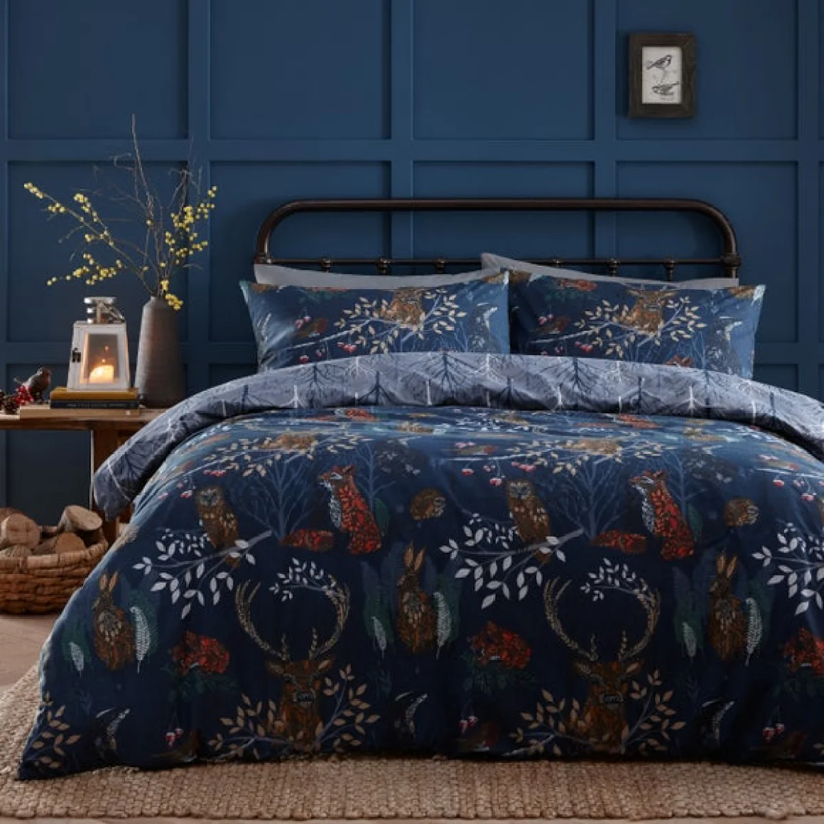 furn. Forest Fauna Navy Duvet Cover & Pillowcase Set Navy Blue/Brown/Red – image 2