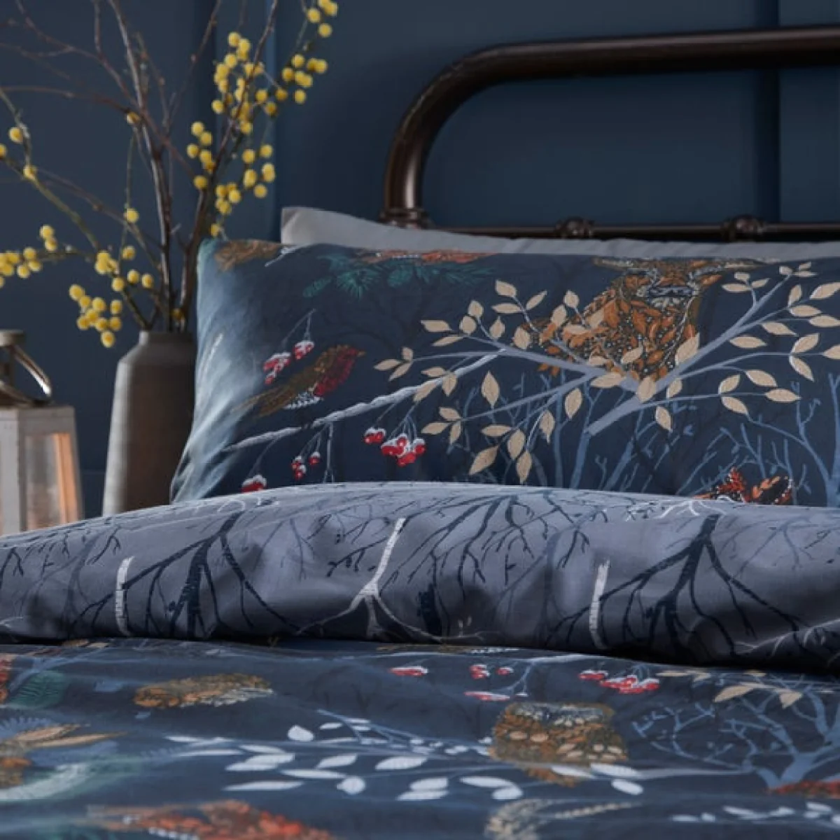 furn. Forest Fauna Navy Duvet Cover & Pillowcase Set Navy Blue/Brown/Red – image 3