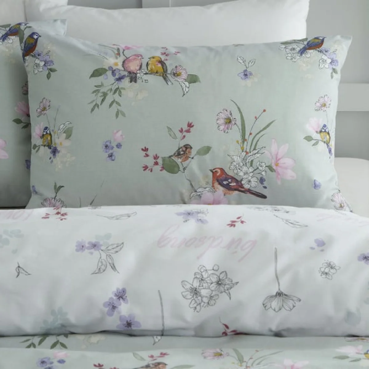 Catherine Lansfield Songbird Sage Reversible Duvet Cover & Pillowcase Set Sage (Green) – image 2