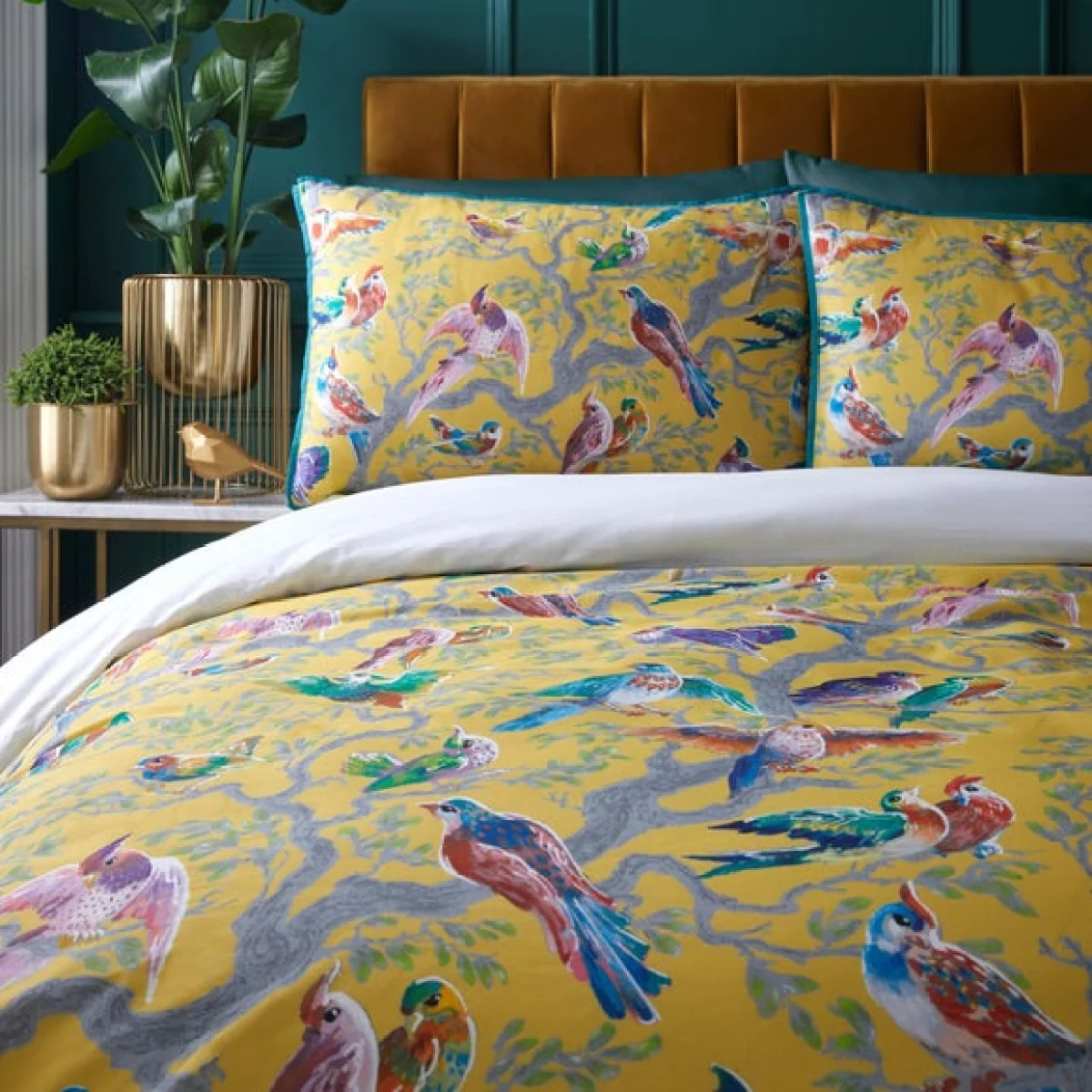 Birdity Absurdity Yellow Cotton Duvet Cover and Pillowcase Set Yellow – image 2