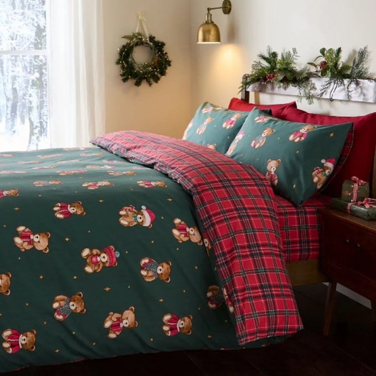 Catherine Lansfield Christmas Tartan Teddy Bear Duvet Cover & Pillowcase Set – image 2