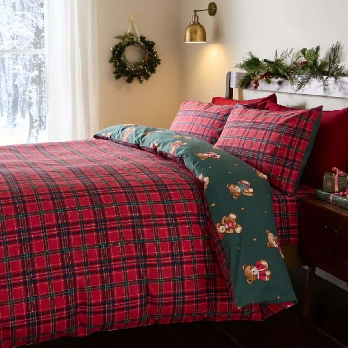 Catherine Lansfield Christmas Tartan Teddy Bear Duvet Cover & Pillowcase Set – image 3