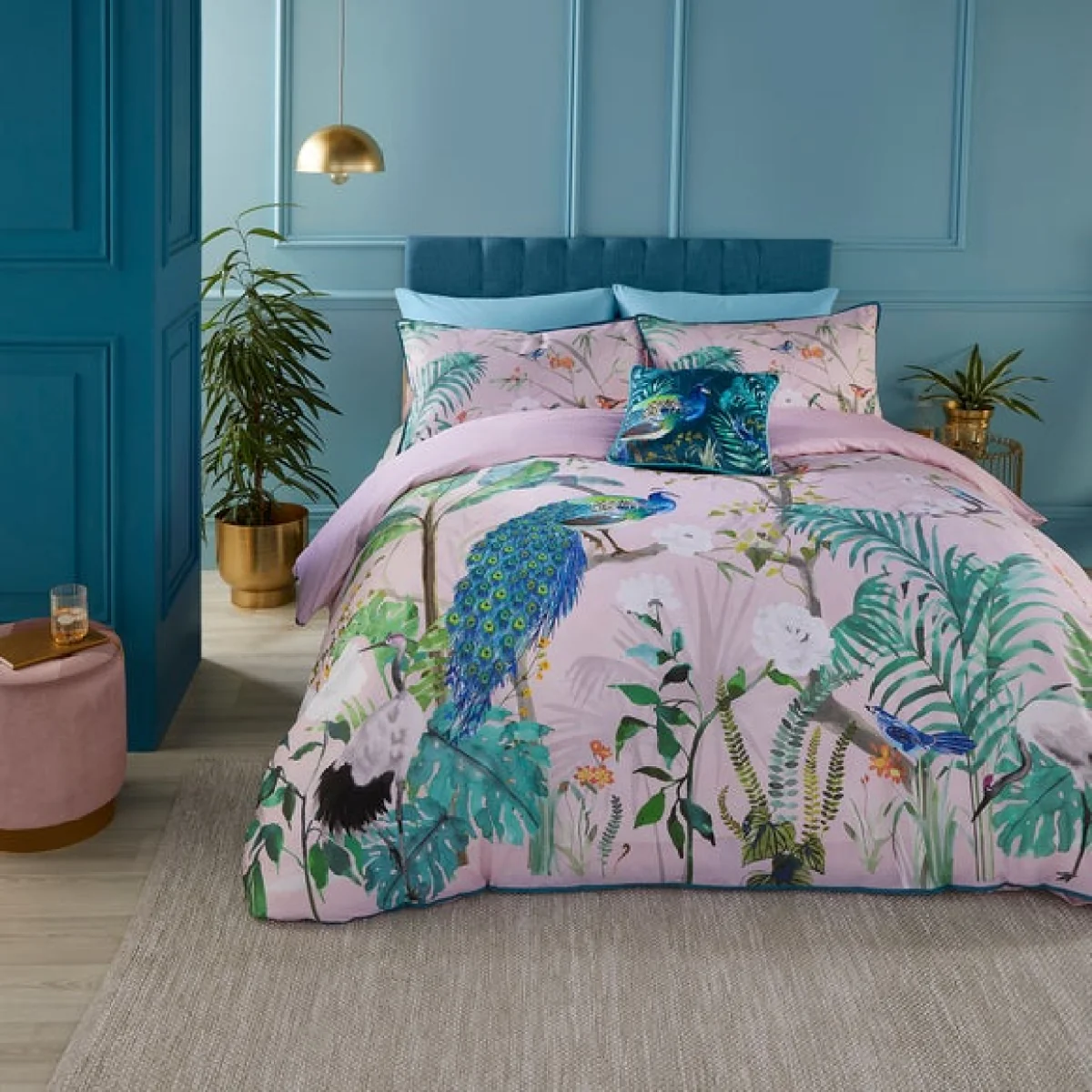 Soiree Peacock Jungle 200 Thread Count Cotton Duvet Cover and Pillowcase Set Pink – image 5