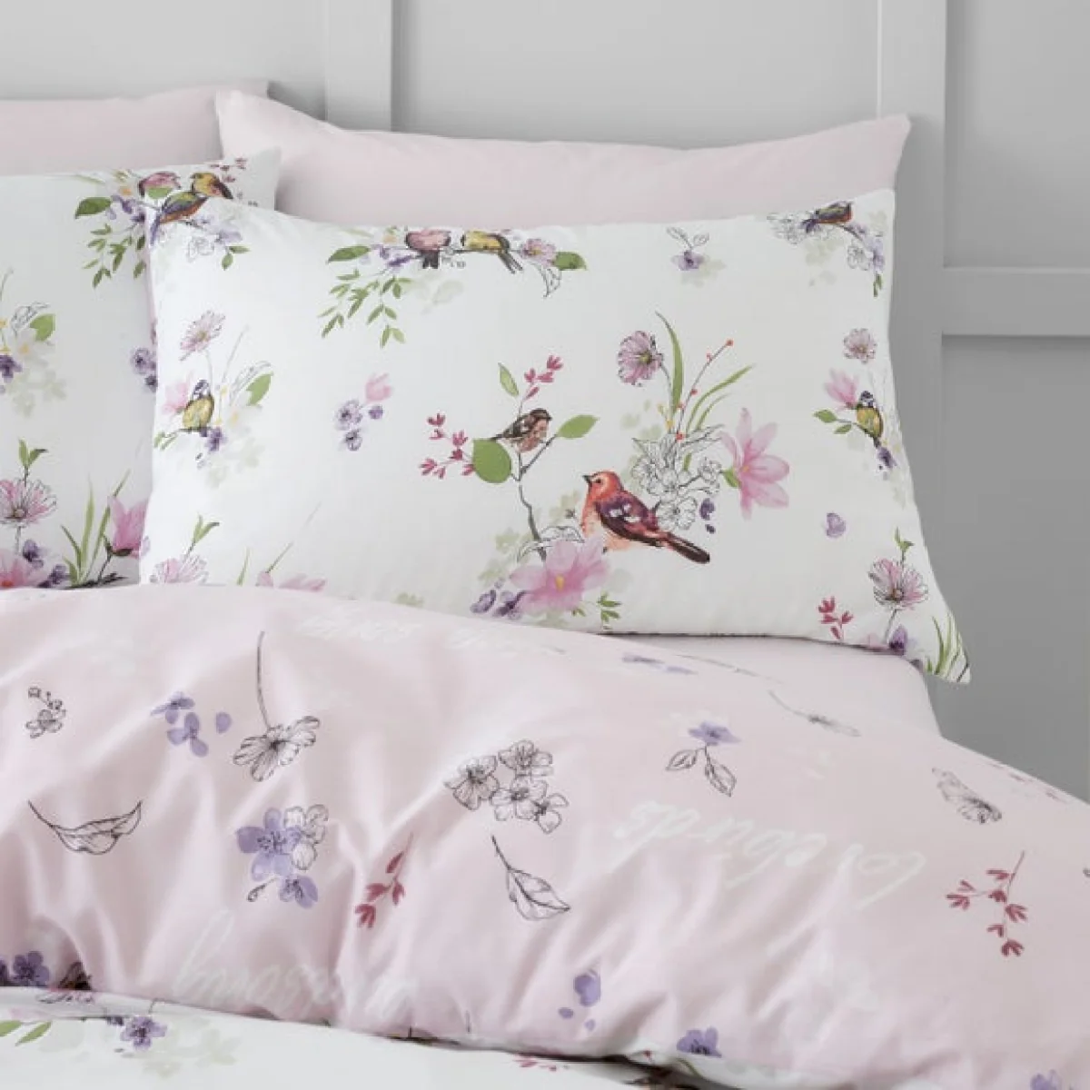 Catherine Lansfield Songbird Pink Reversible Duvet Cover & Pillowcase Set Blush (Pink) – image 2
