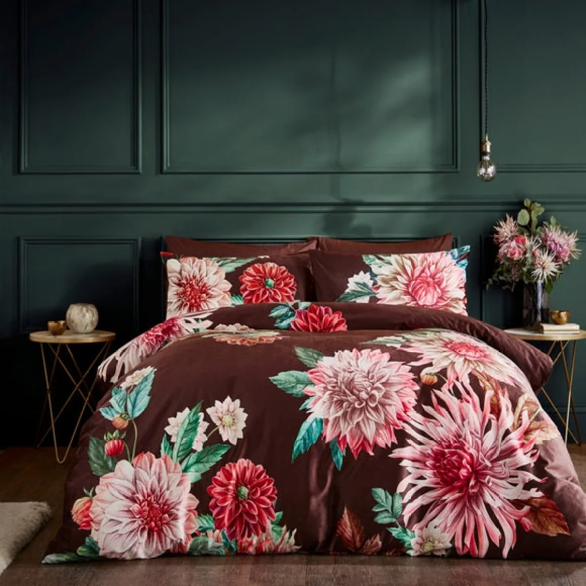 Allouise Floral Brown Duvet Cover and Pillowcase Set Brown – image 1