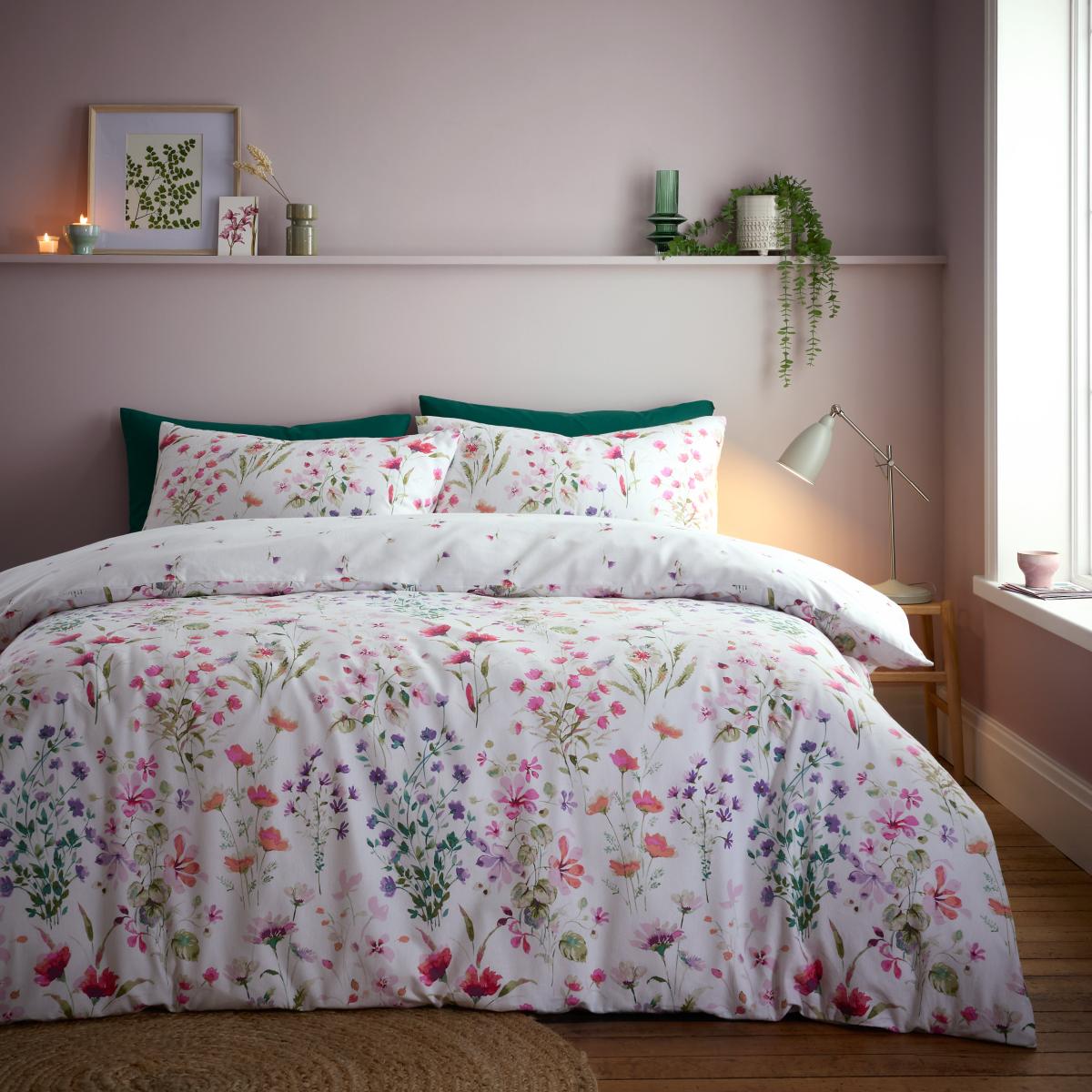 Watercoloured Floral Brushed Cotton Duvet Cover and Pillowcase Set White – image 2