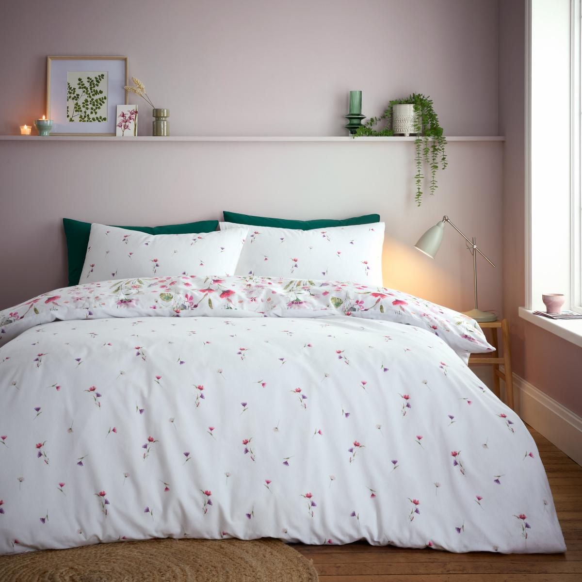 Watercoloured Floral Brushed Cotton Duvet Cover and Pillowcase Set White – image 3