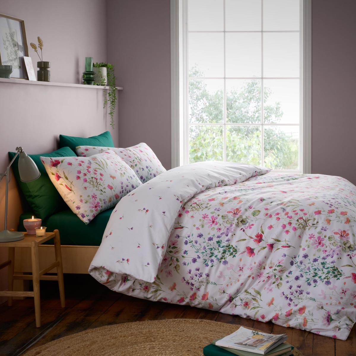 Watercoloured Floral Brushed Cotton Duvet Cover and Pillowcase Set White – image 8