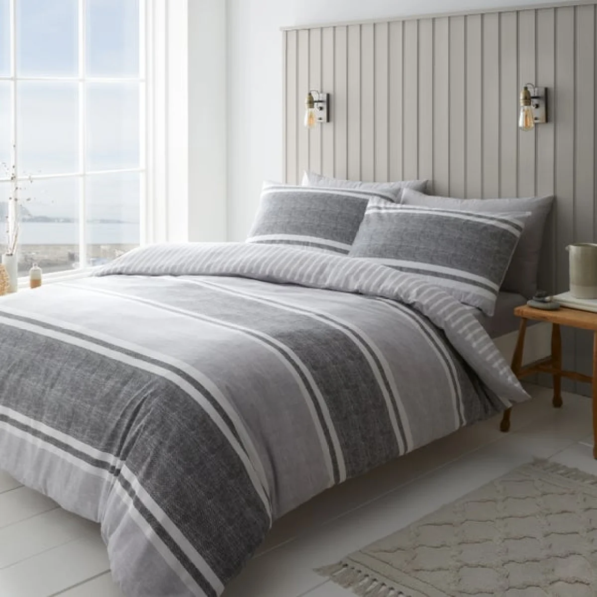Catherine Lansfield Textured Banded Stripe Reversible Grey Duvet Cover & Pillowcase Set Grey – image 1