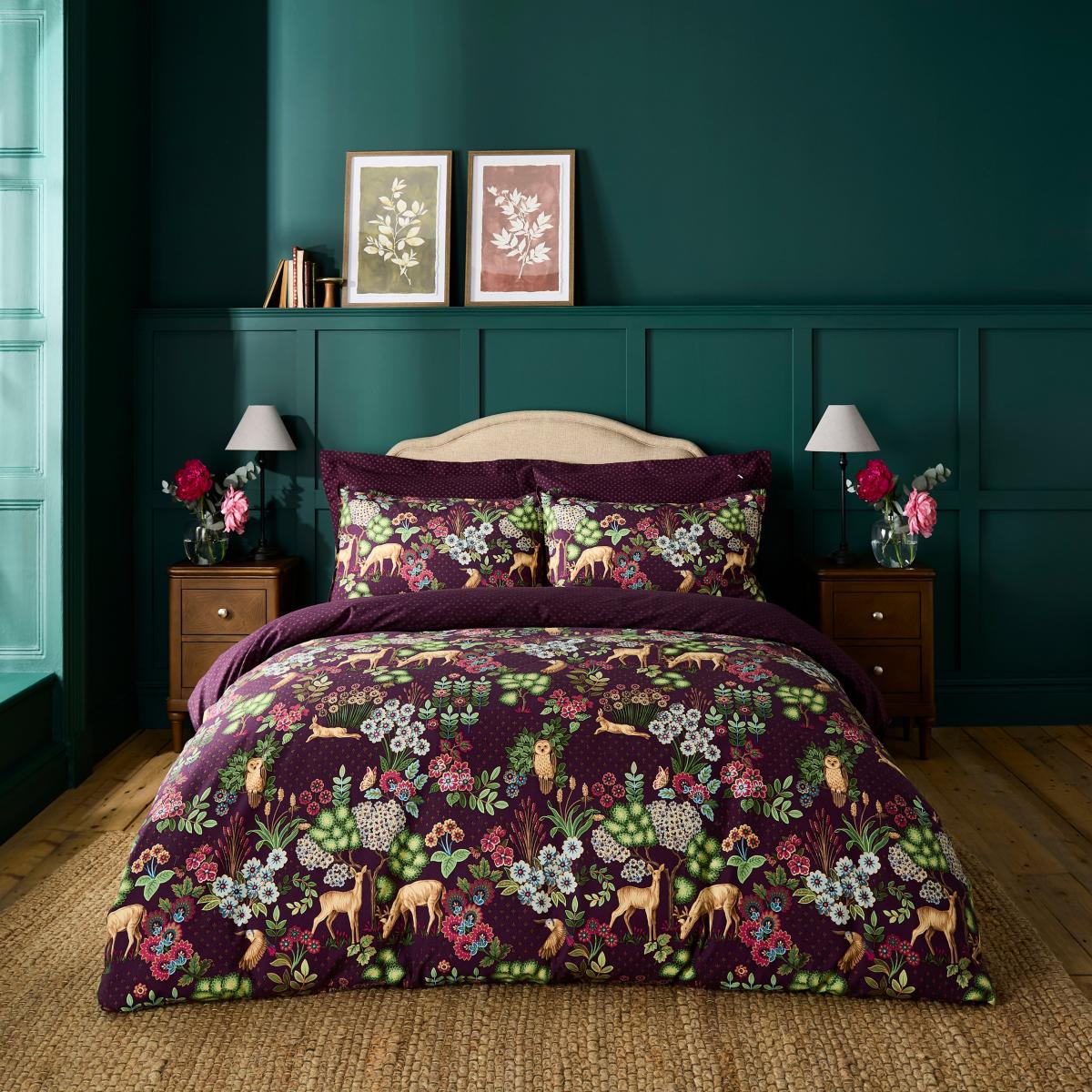 Dorma Folkloric Damson Brushed Cotton Duvet Cover and Pillowcase Set Damson (Purple) – image 1