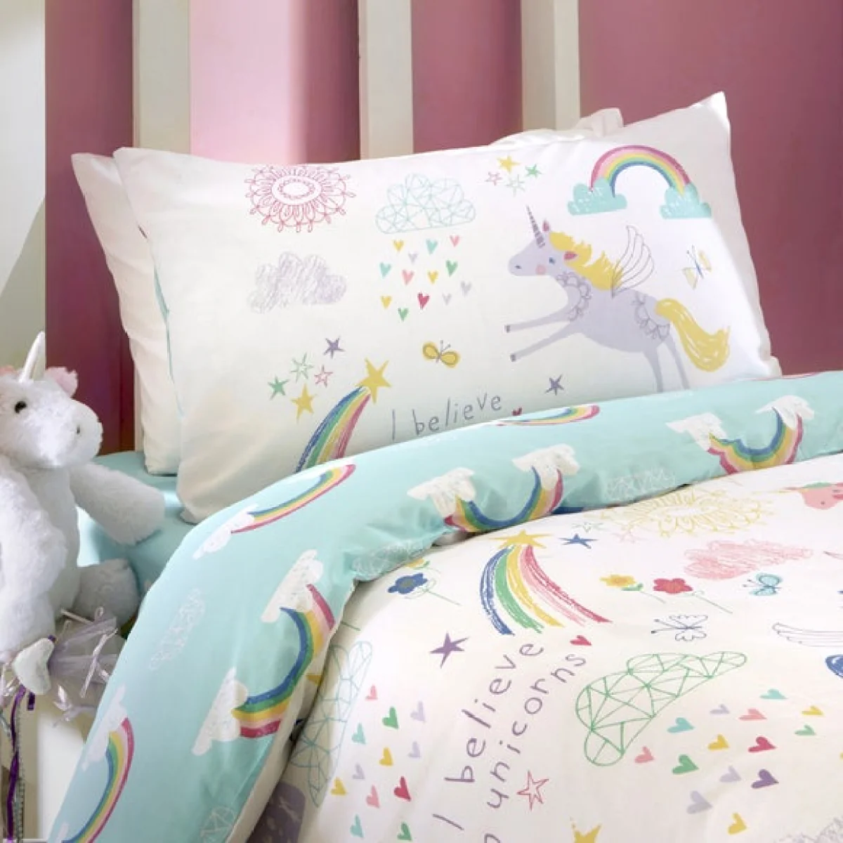 Rainbow Unicorn Duvet Cover & Pillowcase Set MultiColoured – image 2