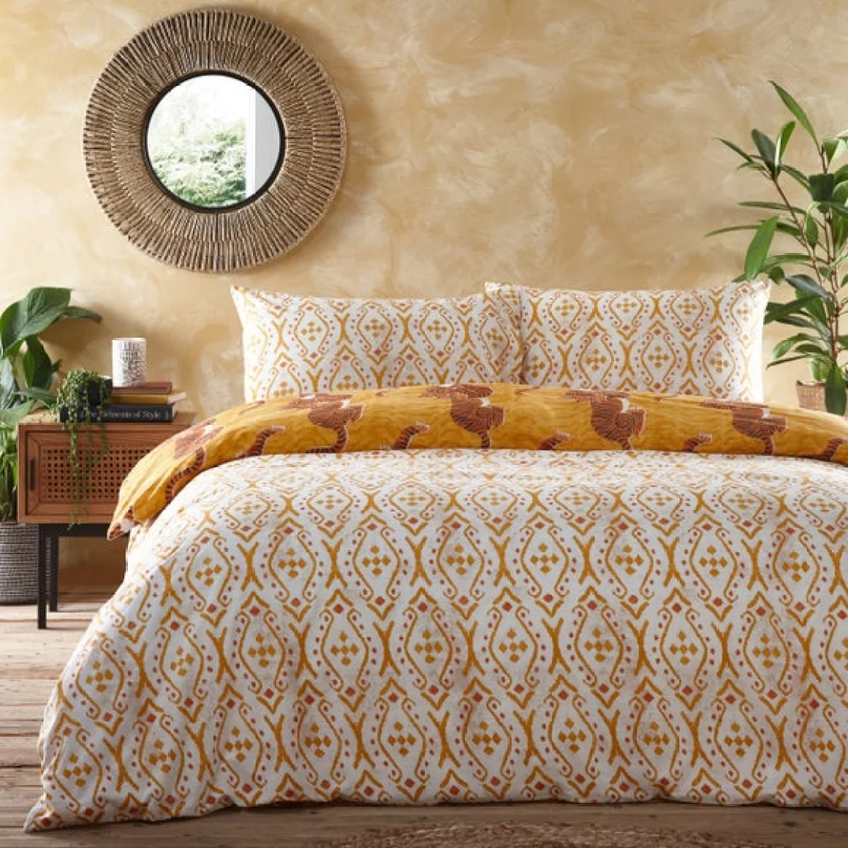 Furn. Tibetan Tiger Blue Duvet Cover and Pillowcase Set Blue/Orange – image 4