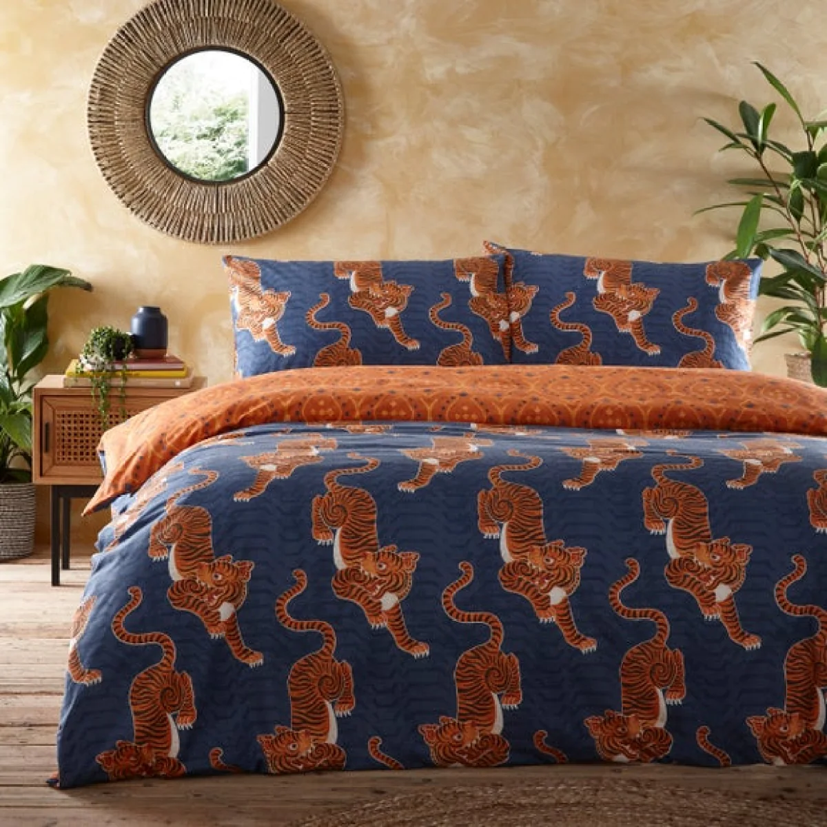 Furn. Tibetan Tiger Blue Duvet Cover and Pillowcase Set Blue/Orange – image 1