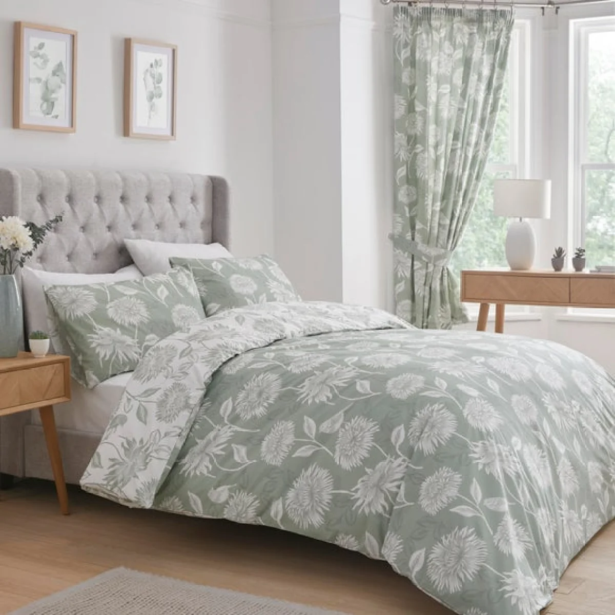 Chrysanthemum Easy Care Green Duvet Cover and Pillowcase Set Green – image 1