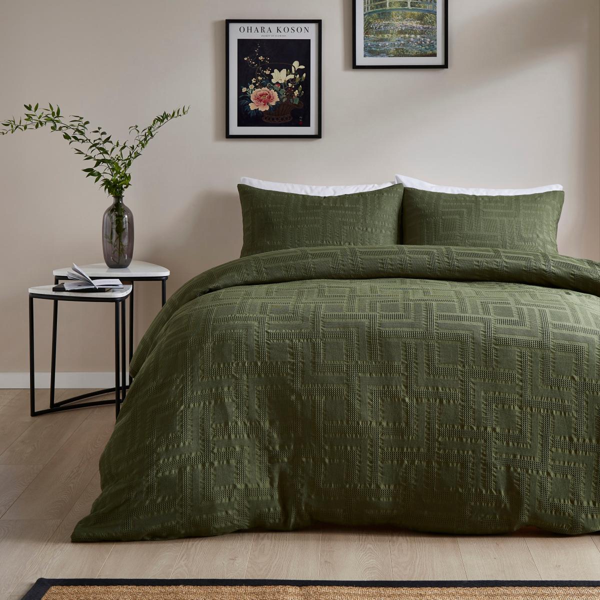 Lyla Textured Waffle Duvet Cover and Pillowcase Set Olive (Green) – image 2