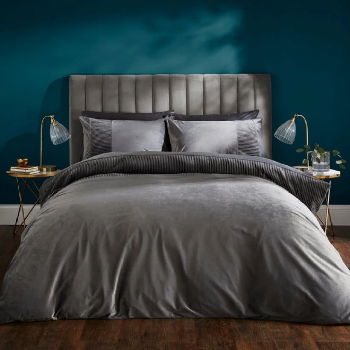 Liliana Pleated Velvet Duvet Cover and Pillowcase Set Charcoal (Grey) – image 1
