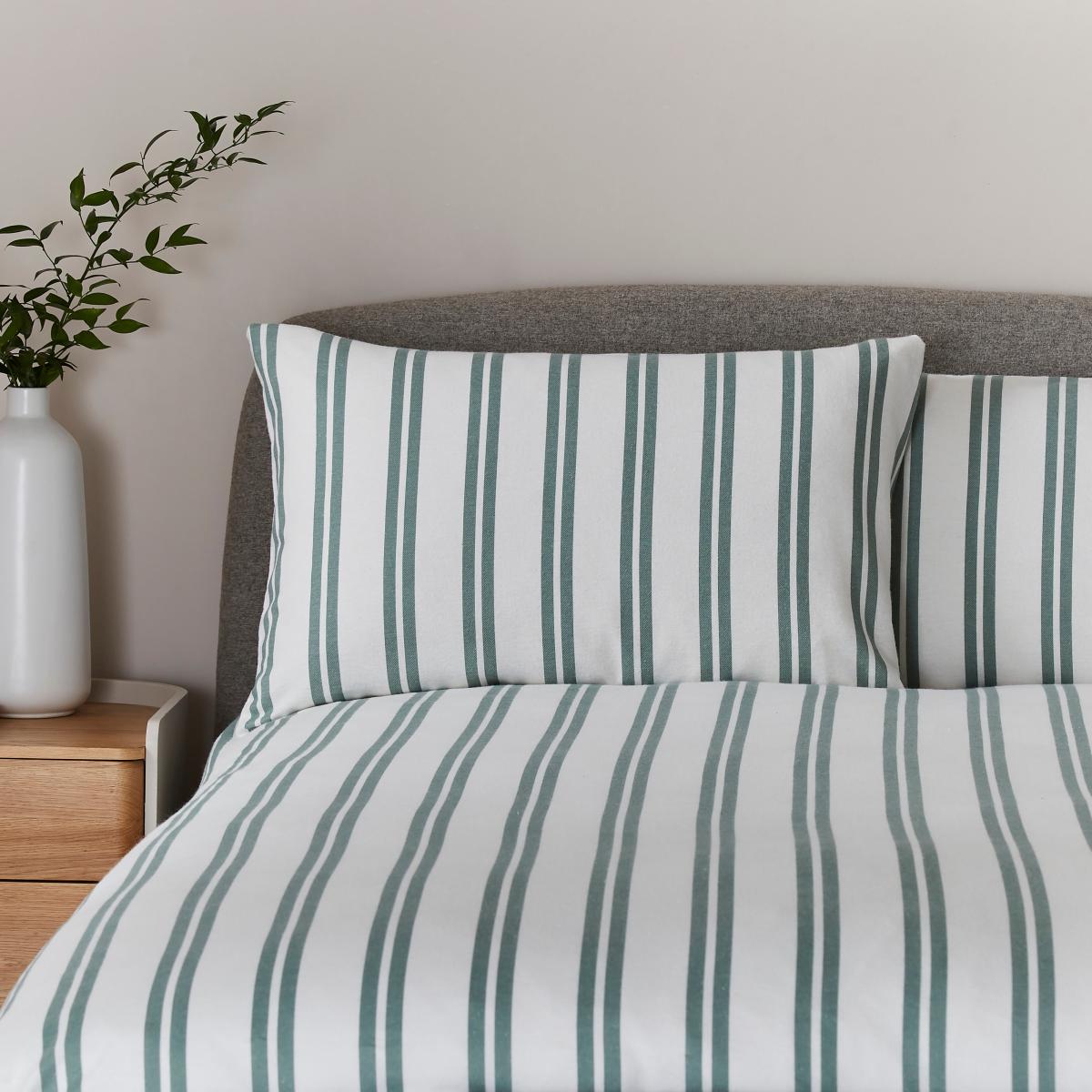 Green Stripe Brushed Cotton Duvet Cover and Pillowcase Set Natural – image 2