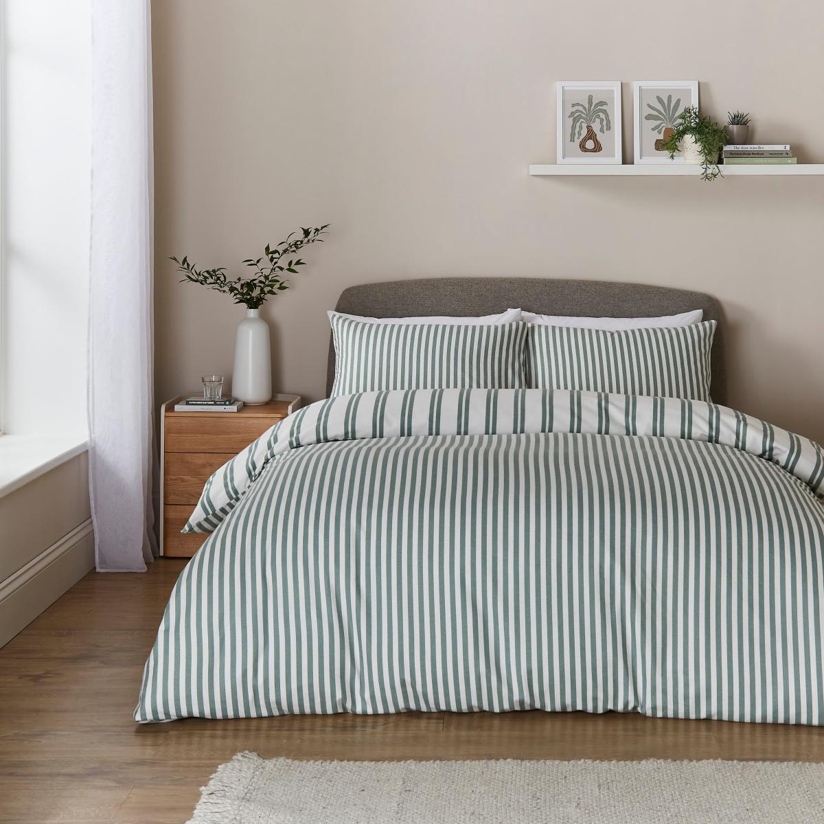 Green Stripe Brushed Cotton Duvet Cover and Pillowcase Set Natural – image 3