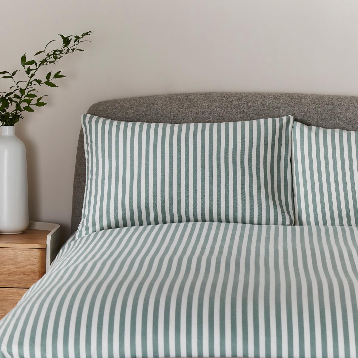 Green Stripe Brushed Cotton Duvet Cover and Pillowcase Set Natural – image 4