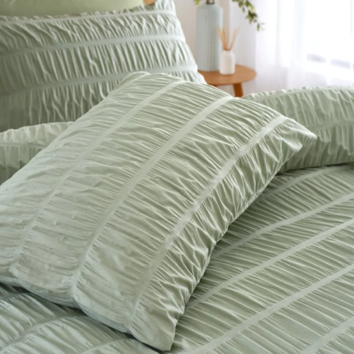 Catherine Lansfield Seersucker Sage Green Duvet Cover and Pillowcase Set Sage – image 2