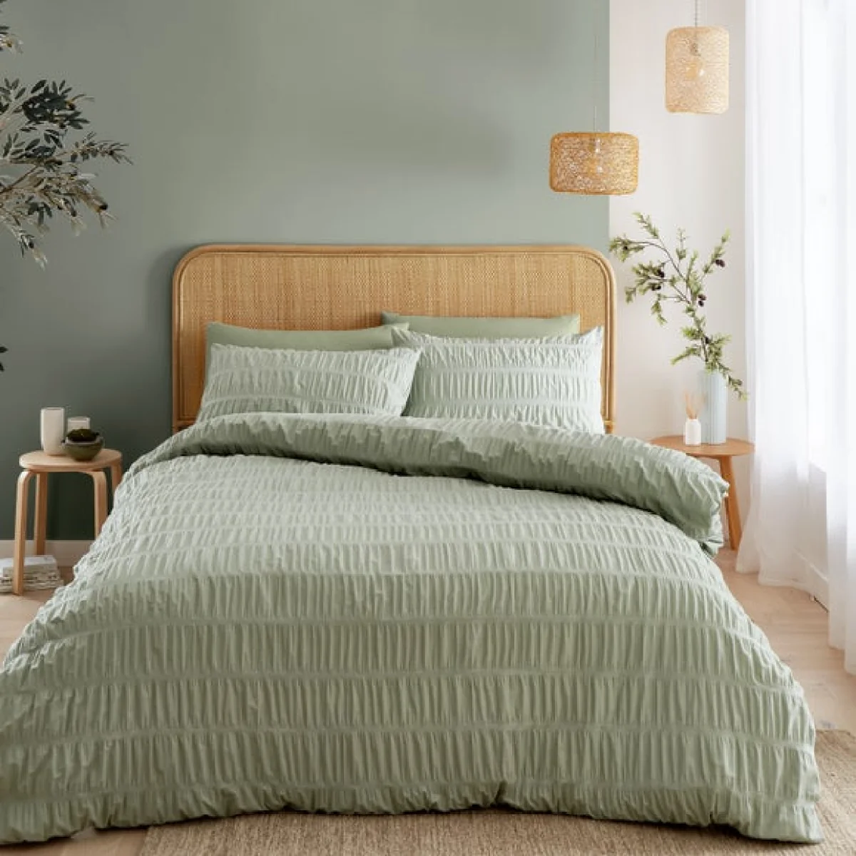 Catherine Lansfield Seersucker Sage Green Duvet Cover and Pillowcase Set Sage – image 1