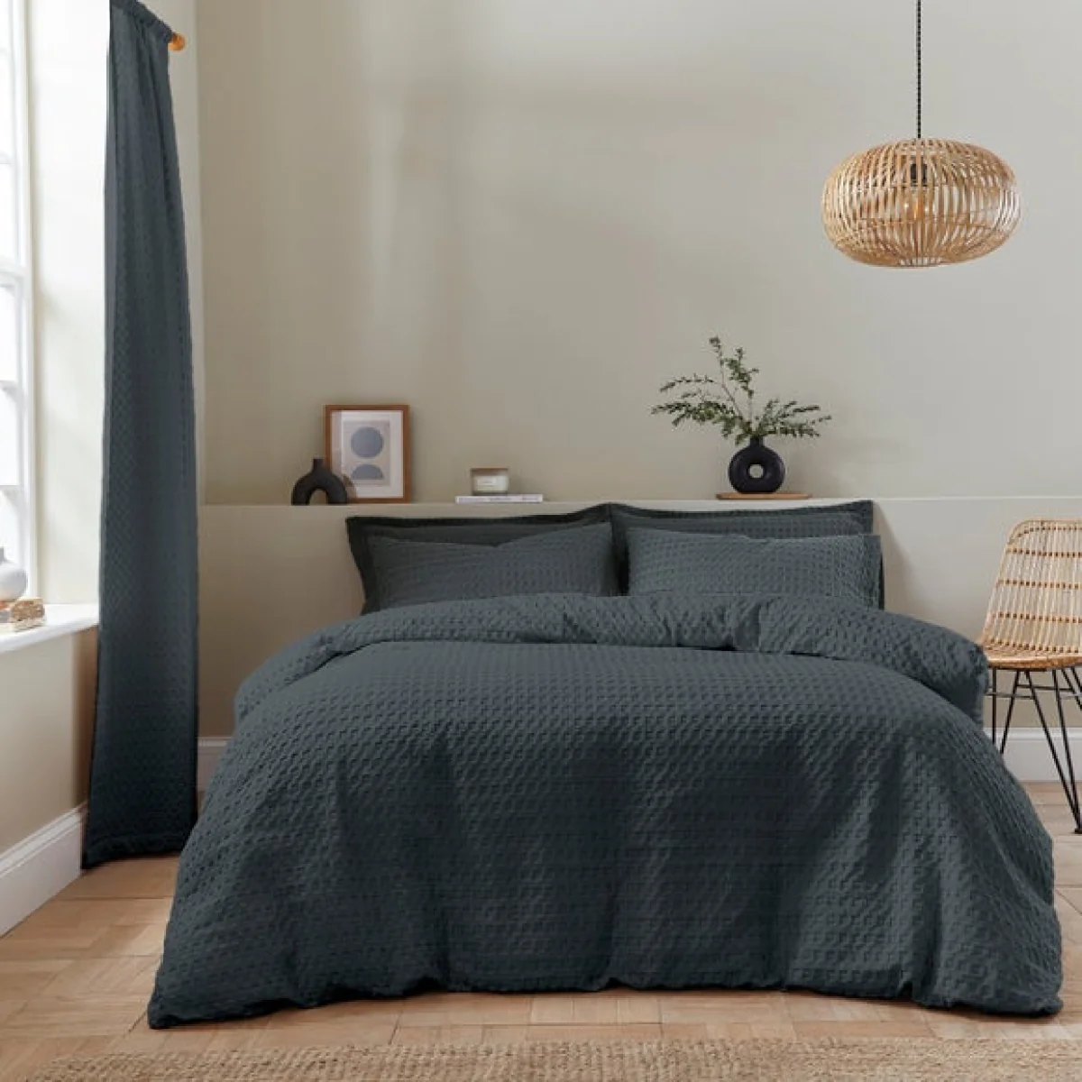 Emerson Waffle Duvet Cover and Pillowcase Set Charcoal (Grey) – image 1