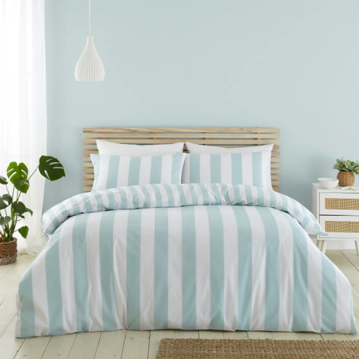 Catherine Lansfield Cove Stripe Duck Egg Blue Duvet Cover and Pillowcase Set Duck Egg (Blue) – image 1