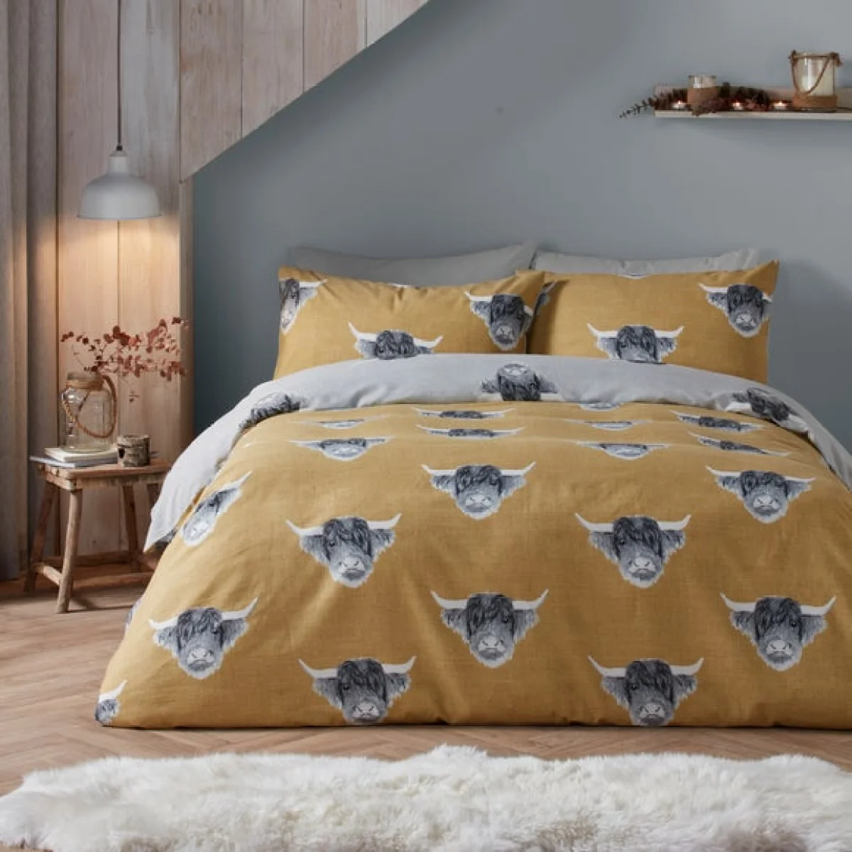 Fusion Snug Highland Cow Ochre Duvet Cover and Pillowcase Set Ochre – image 1