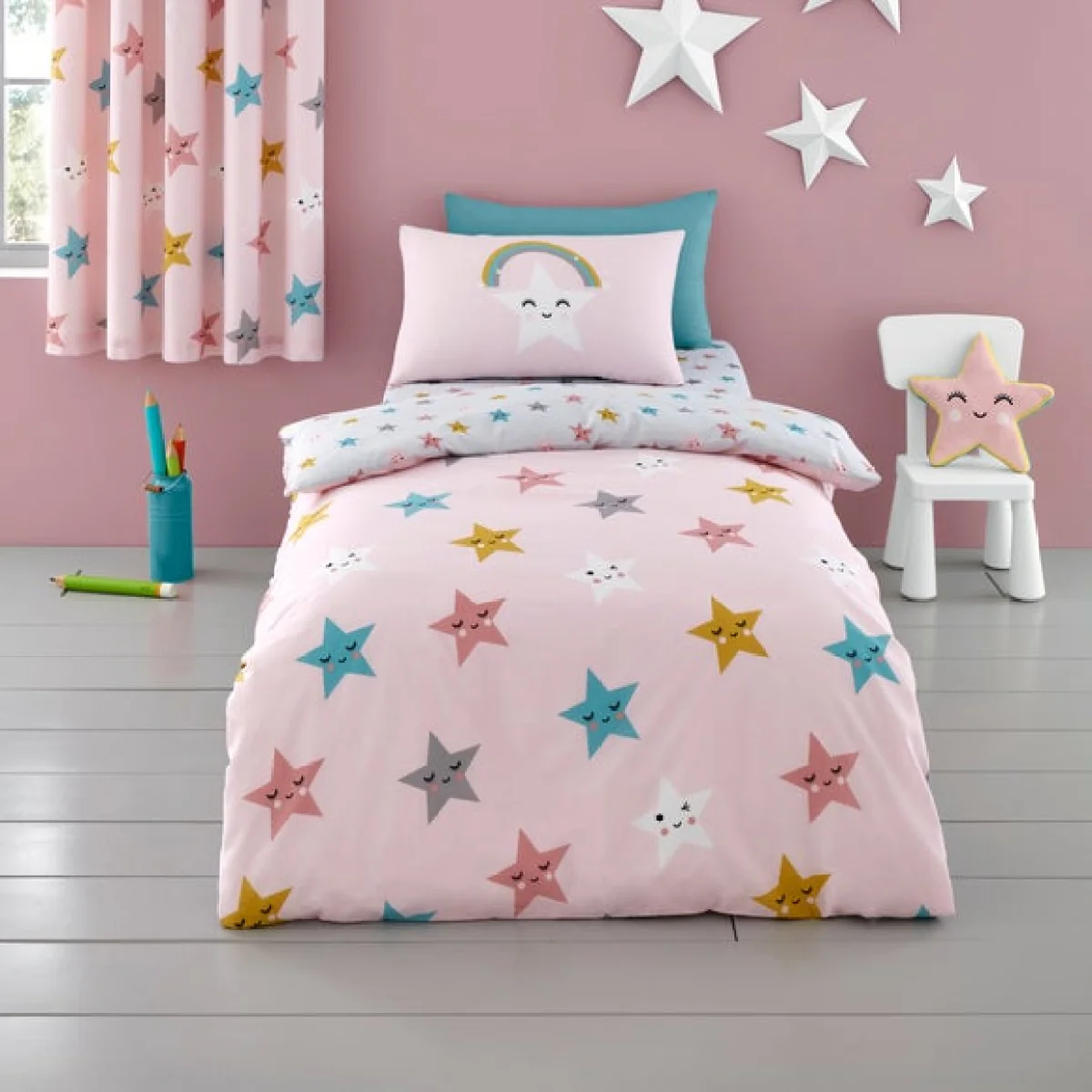 Cosatto Happy Stars 100% Cotton Duvet Cover and Pillowcase Set Pink, Blue and White – image 1