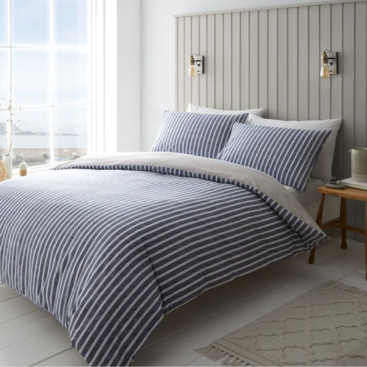 Catherine Lansfield Textured Banded Stripe Reversible Blue Duvet Cover & Pillowcase Set Blue – image 3