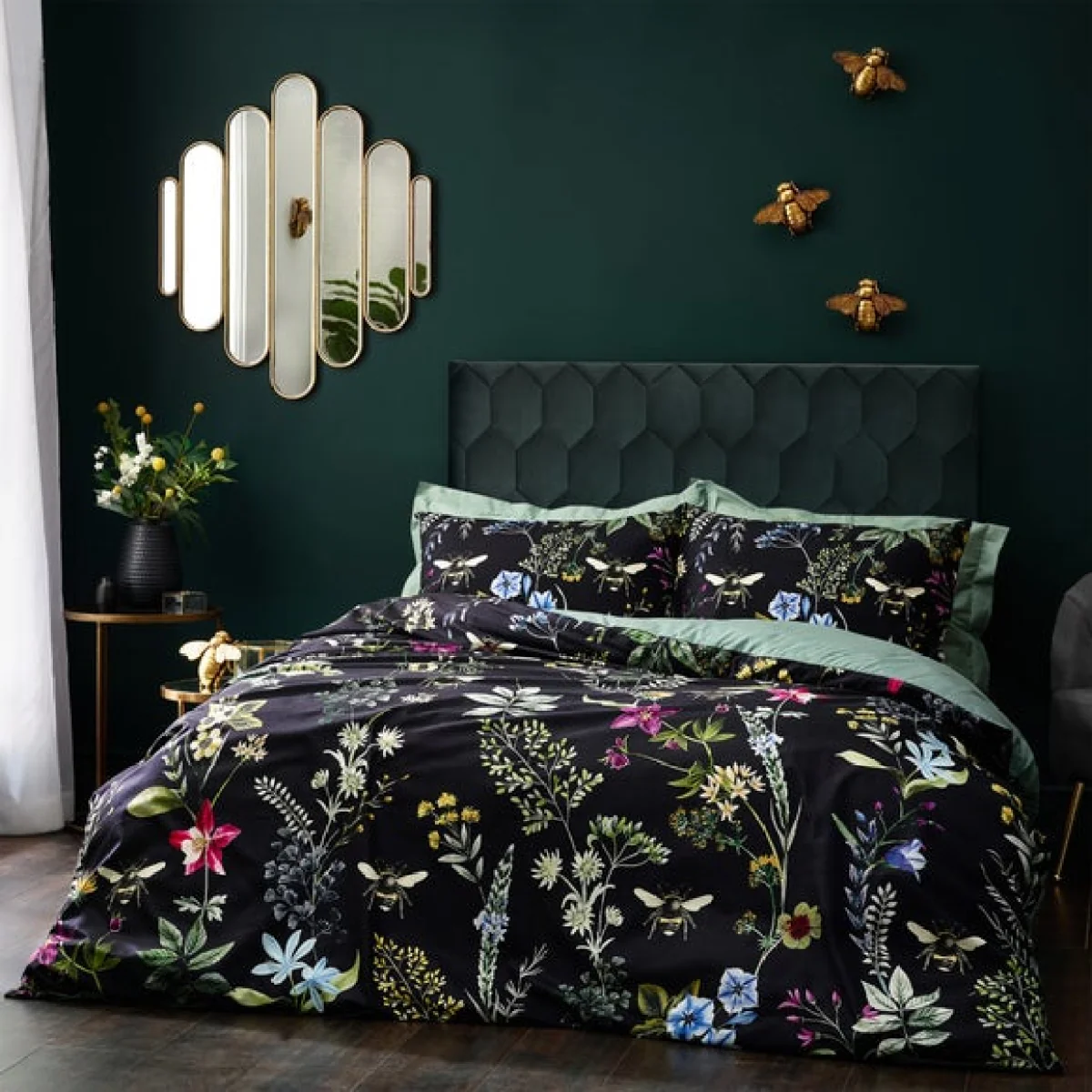 Wylder Midnight Bee Velvet Duvet Cover & Pillowcase Set, Black Black/Green/Yellow – image 1