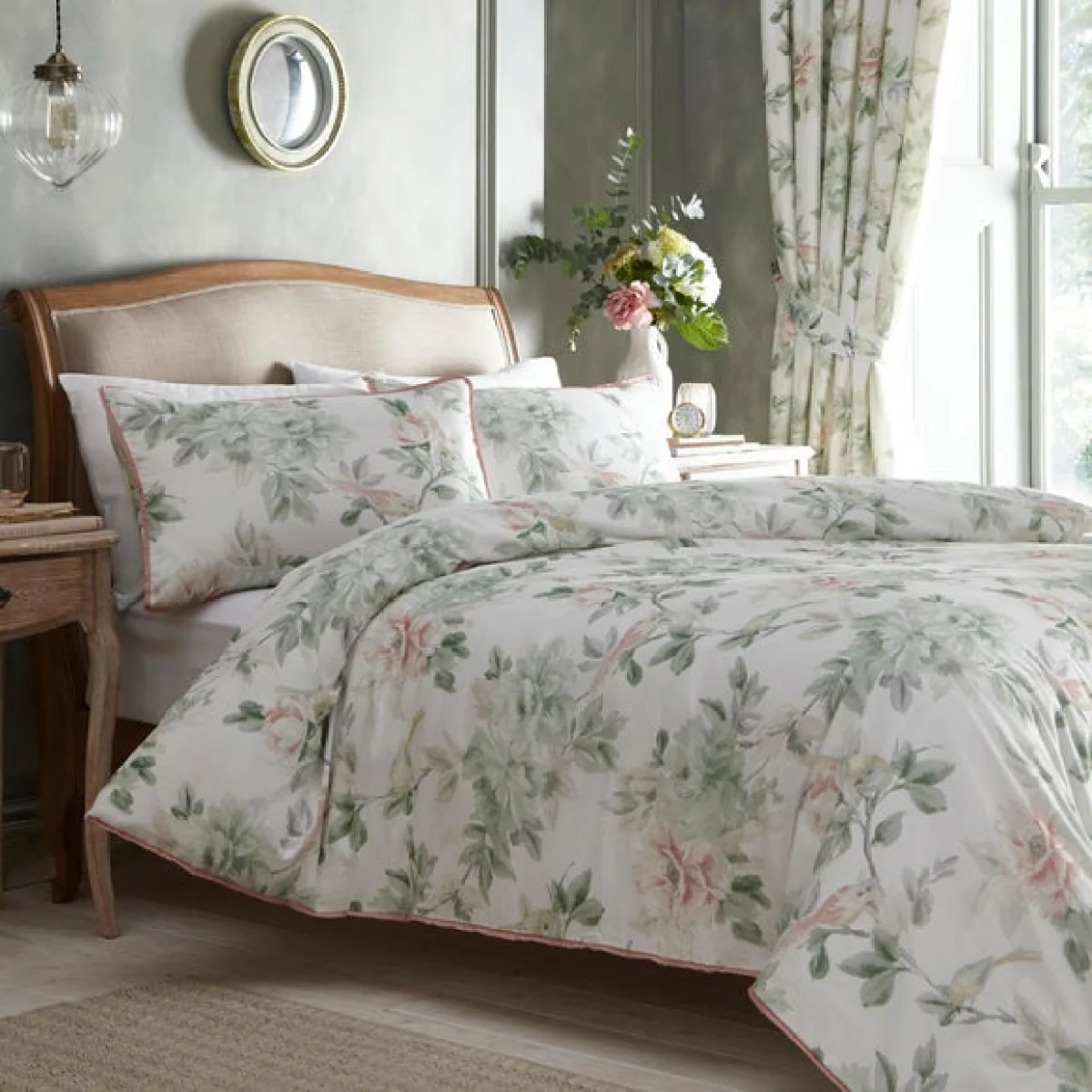 Campion Green and Coral Cotton Sateen Duvet Cover and Pillowcase Set Green – image 1