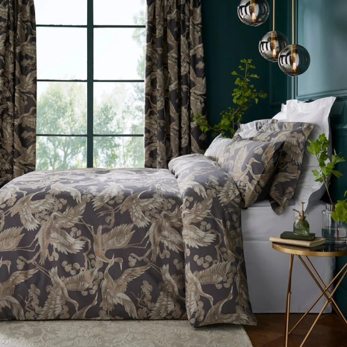 Dorma Gilded Crane 100% Cotton Duvet Cover & Pillowcase Set Charcoal – image 3