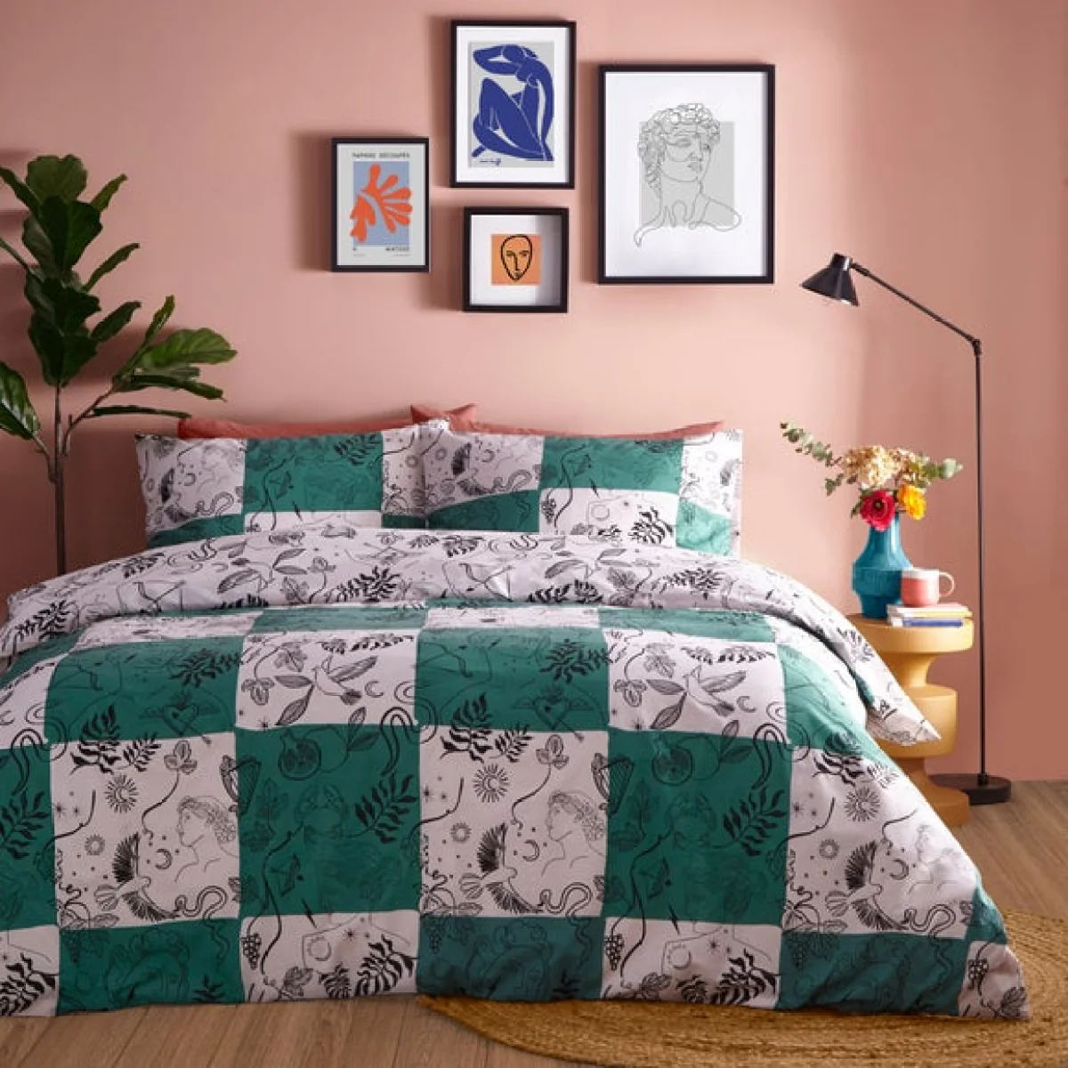 furn. Mythos Checkerboard Duvet Cover & Pillowcase Set Green/White/Black – image 1