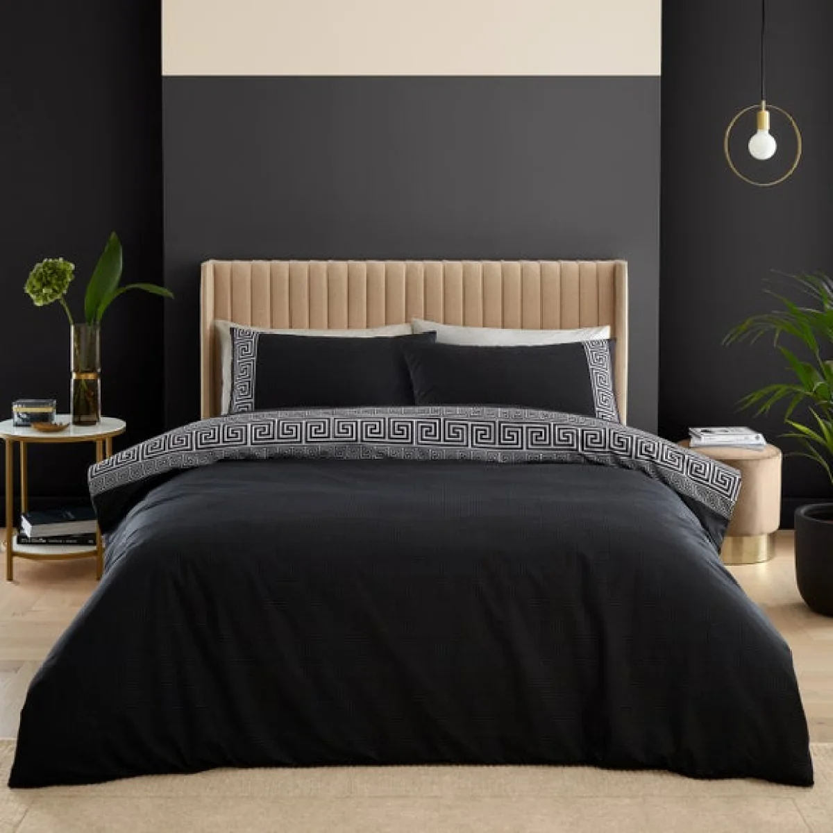 Catherine Lansfield Artemis Greek Key Black Duvet Cover and Pillowcase Set Black – image 1