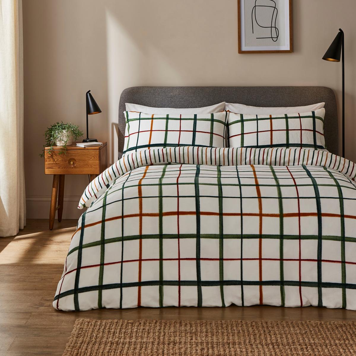 Woodland Check Fleece Duvet Cover and Pillowcase Set Natural – image 1
