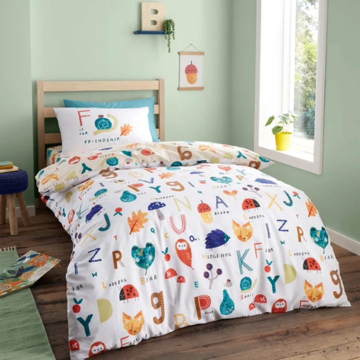 RHS Woodland Alphabet Natural Reversible Duvet Cover and Pillowcase Set Natural
