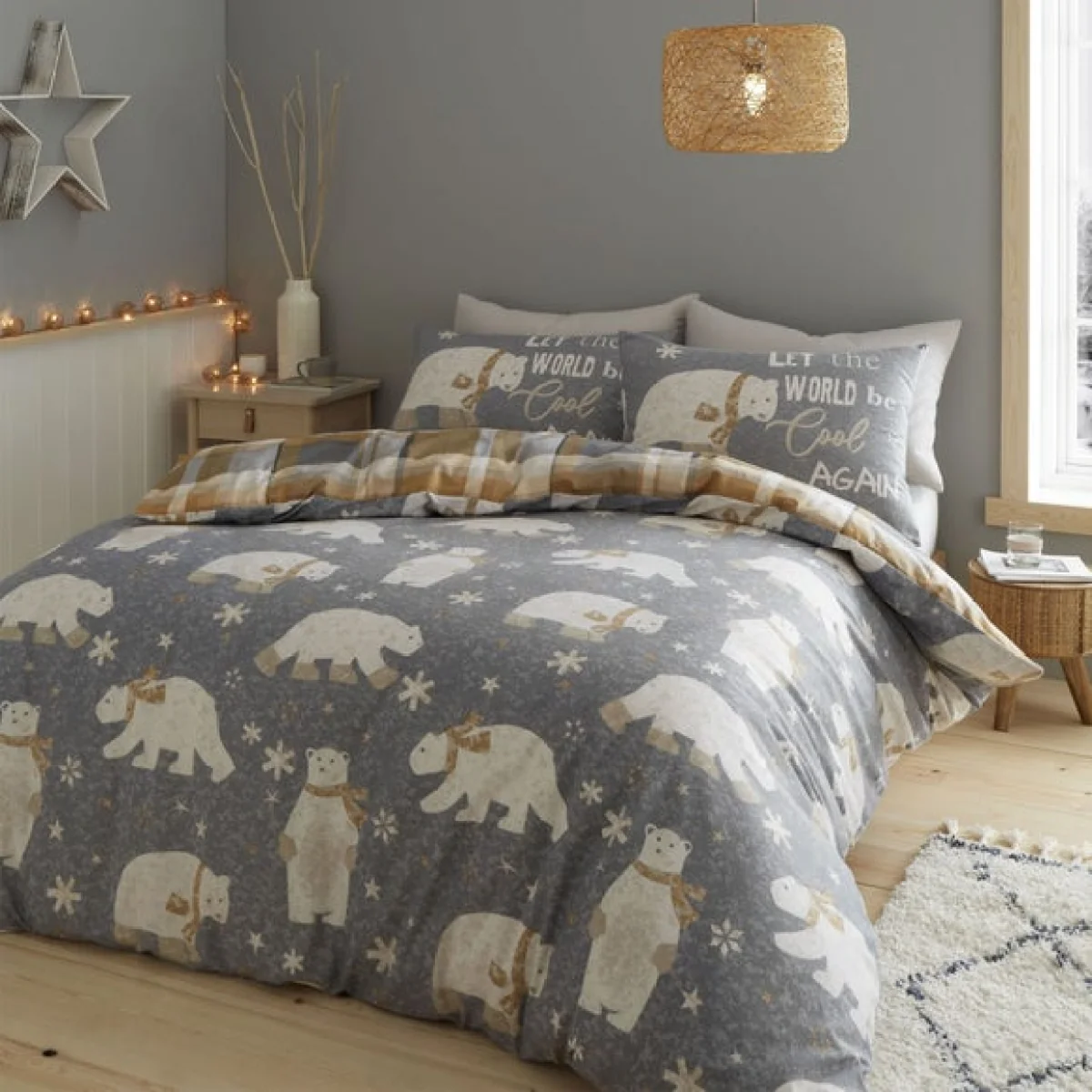Catherine Lansfield Polar Bear Brushed Cotton Reversible Duvet Cover and Pillowcase Set Ochre – image 2