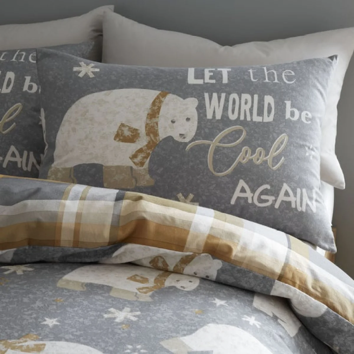 Catherine Lansfield Polar Bear Brushed Cotton Reversible Duvet Cover and Pillowcase Set Ochre – image 3