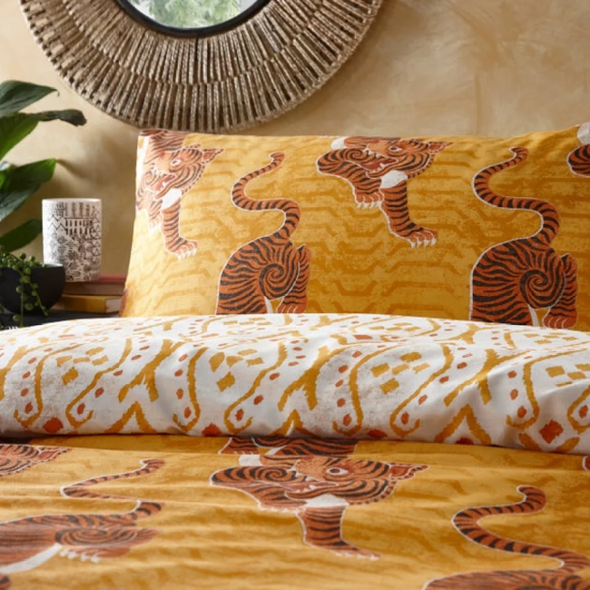 Furn. Tibetan Tiger Blue Duvet Cover and Pillowcase Set Blue/Orange – image 3