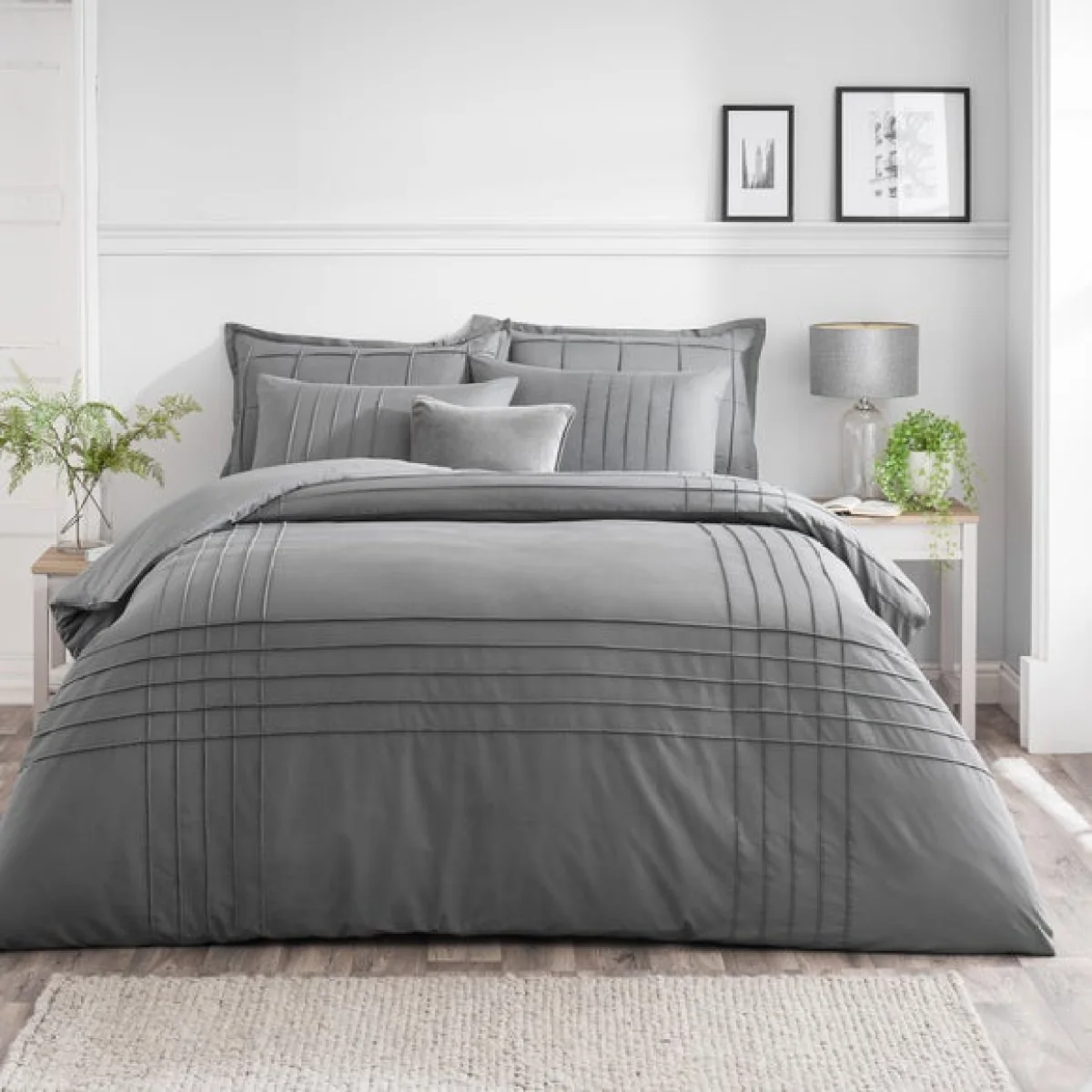 Jessa Pintuck Charcoal Duvet Cover & Pillowcase Set Charcoal – image 1