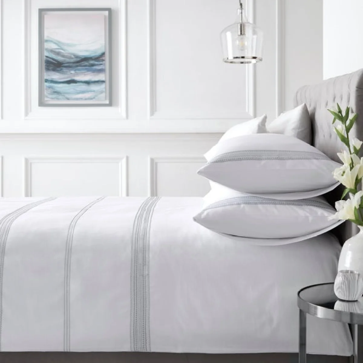 Appletree Boutique Embroidered Band 200 Thread Count Cotton Duvet Cover and Pillowcase Set White – image 1