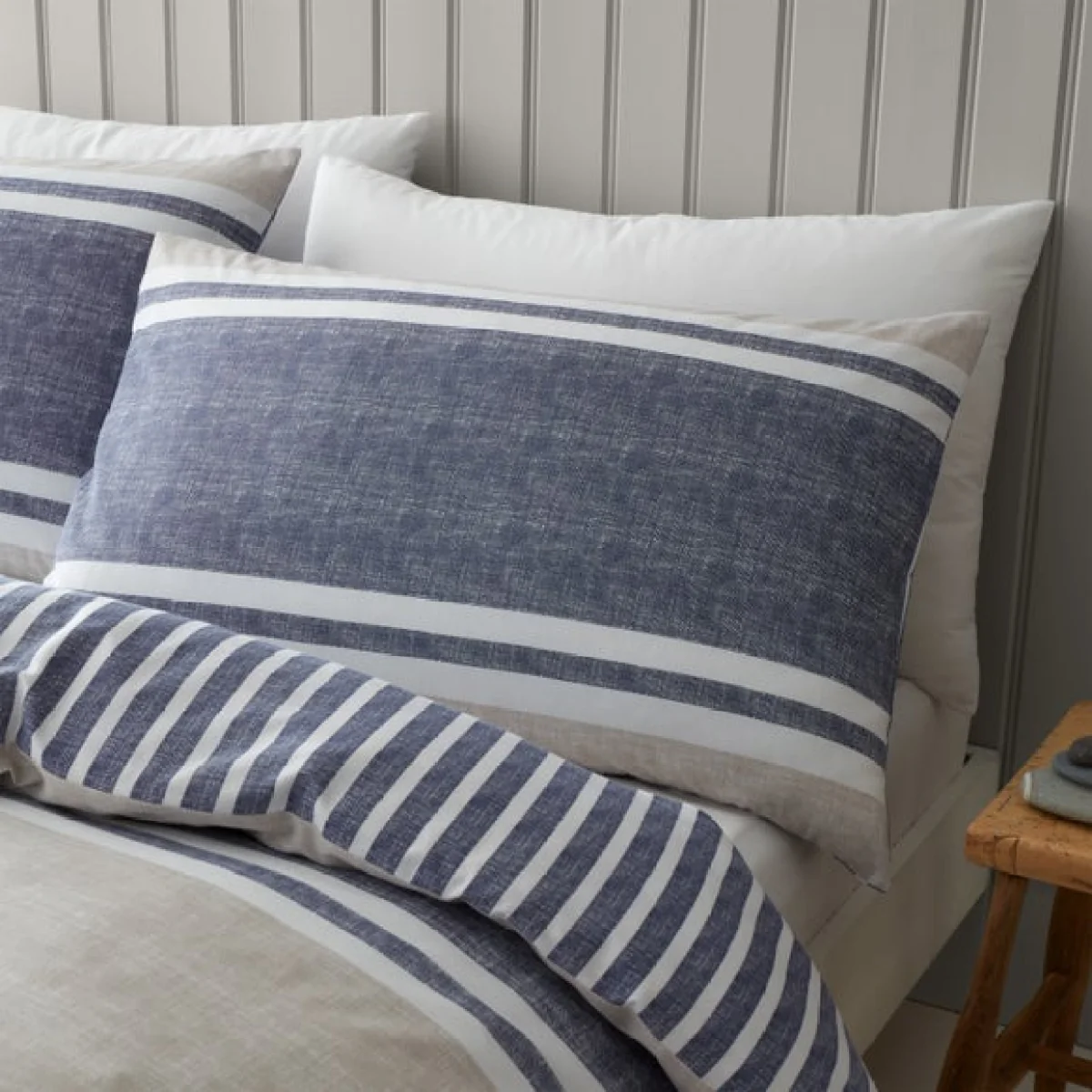 Catherine Lansfield Textured Banded Stripe Reversible Blue Duvet Cover & Pillowcase Set Blue – image 2