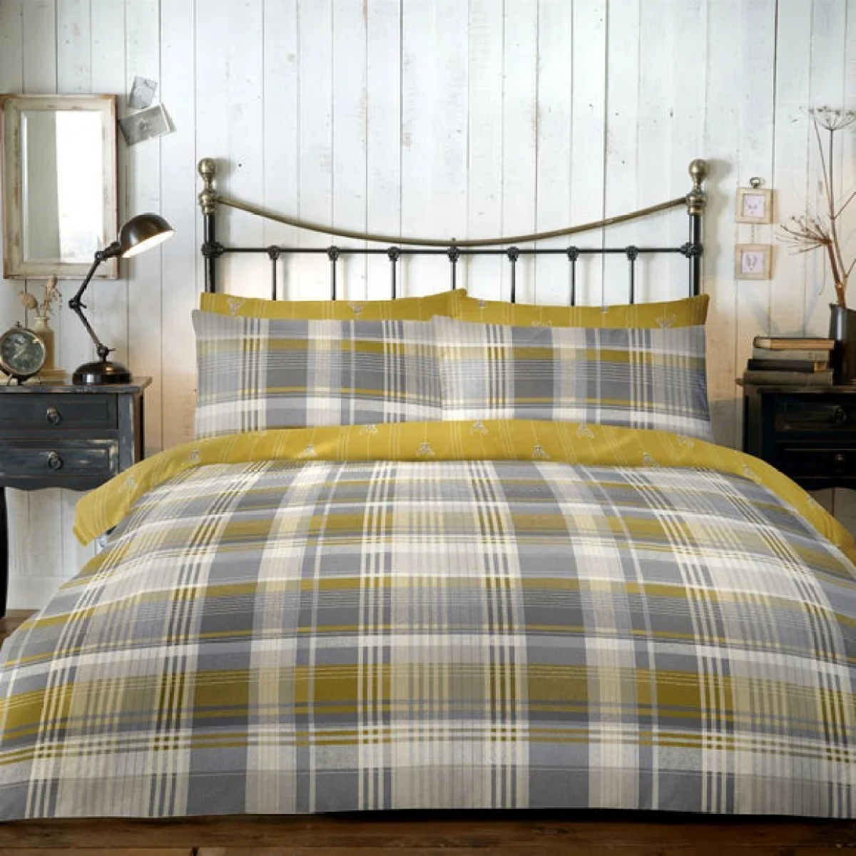 Dreams and Drapes Lodge Connolly Check Ochre Duvet Cover and Pillowcase Set Ochre – image 1